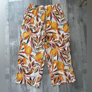 C&C California Tropical Floral Linen Wide Leg Pants Lemon Print Large